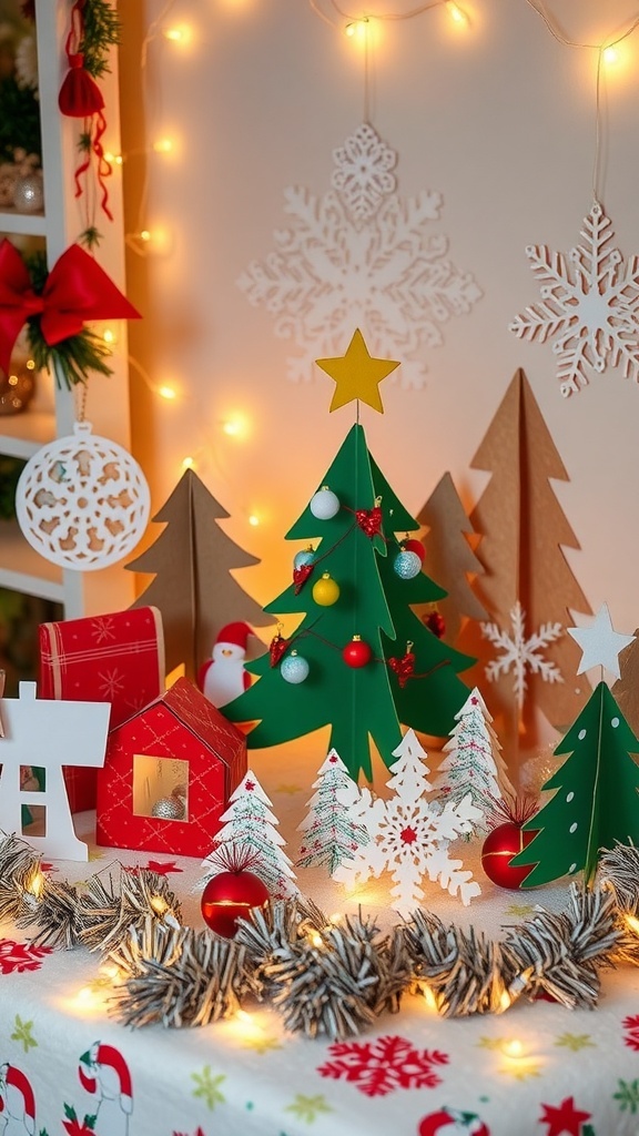 Creative Cardboard Christmas Decor Ideas A collection of creative cardboard Christmas decorations including a tree, ornaments, and snowflakes on a festive table.